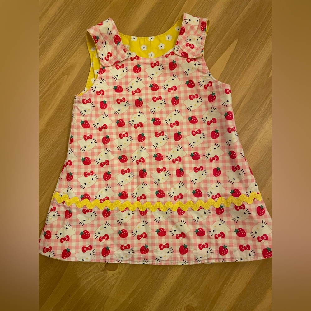 Handmade Reversible Hello Kitty Strawberries And Yellow Flowers Dress 24M/2T